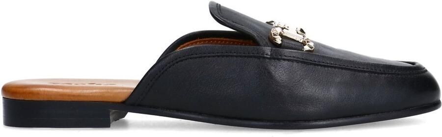 Sacha Dames Zwarte leren slip on loafers met goudkleurige chain