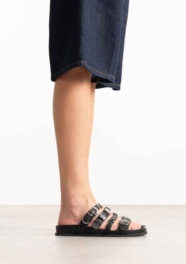 Sacha Dames Zwarte leren slippers met buckles