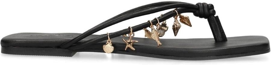 Sacha Dames Zwarte leren slippers met goudkleurige charms