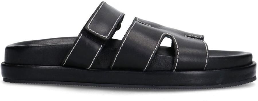 Sacha Dames Zwarte leren slippers met klittenband