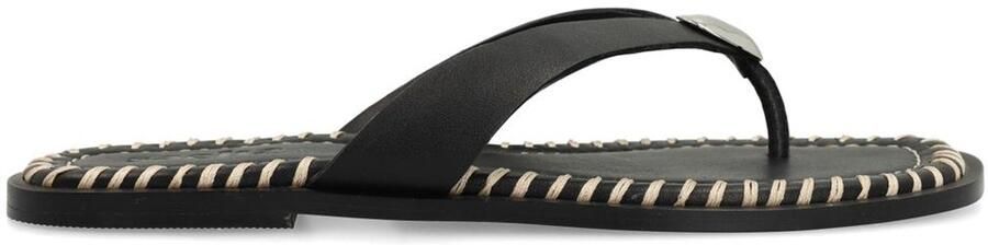 Sacha Dames Zwarte leren slippers met zilverkleurig detail