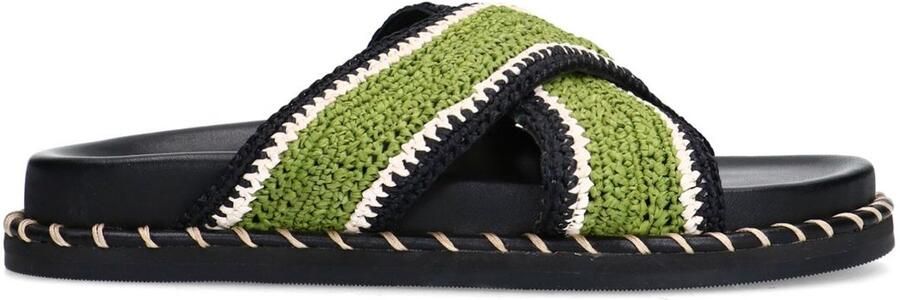 Sacha Dames Zwarte plateau slippers met groene bandjes