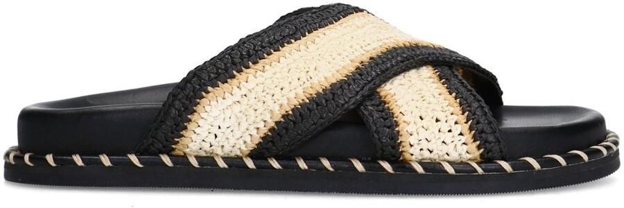 Sacha Dames Zwarte plateauslippers met beige band