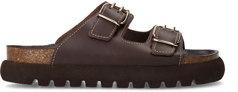 Sacha Dames Donkerbruine leren slippers met zilverkleurige buckles