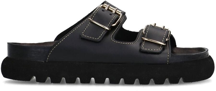 Sacha Dames Zwarte leren slippers met goudkleurige buckles