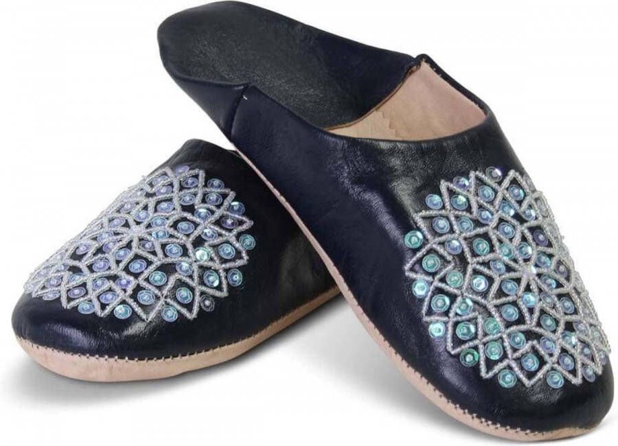Safaary Marokkaanse Sloffen Leer Donkerblauw Pailletten - Foto 3