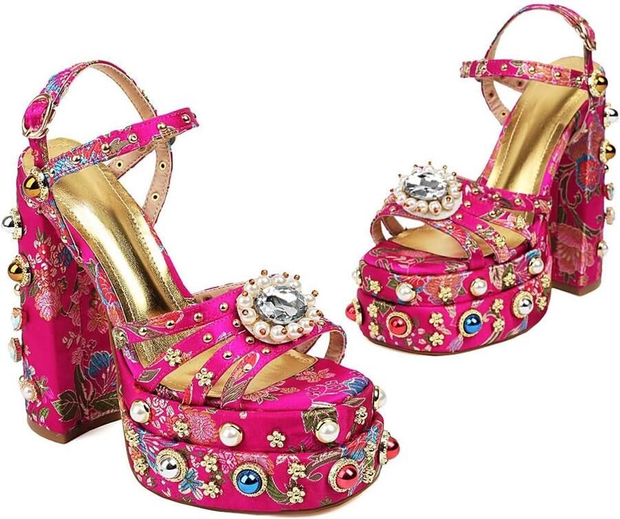 Sandalen met hak en open teen met strass en bloemenprint