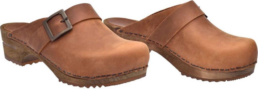 Sanita Clogs Dames Houten Muiltjes Wood-Urban Open Leer 453062 bruin