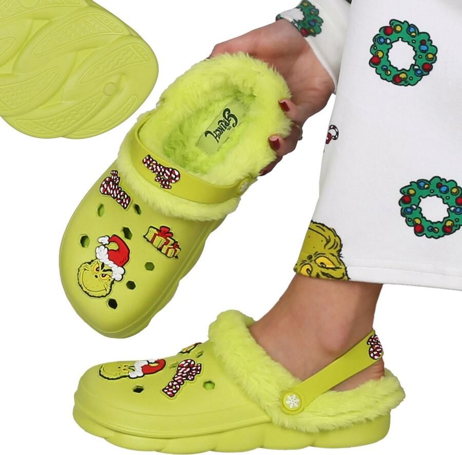 Sarcia.eu Grinch Groene damesslippers GEÏSOLEERDE KERSTMIS tuinklompen met bont voor vrouwen