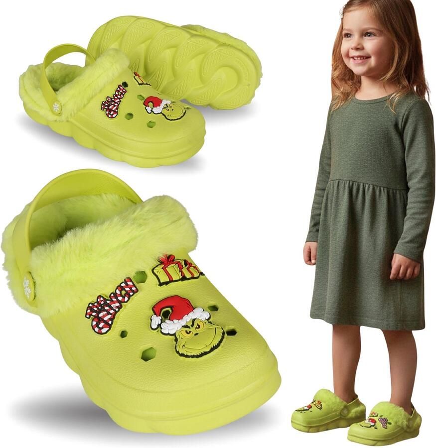 Sarcia.eu Grinch Groene kinderslippers GEÏSOLEERDE KERSTMIS tuinklompen met bont voor kinderen