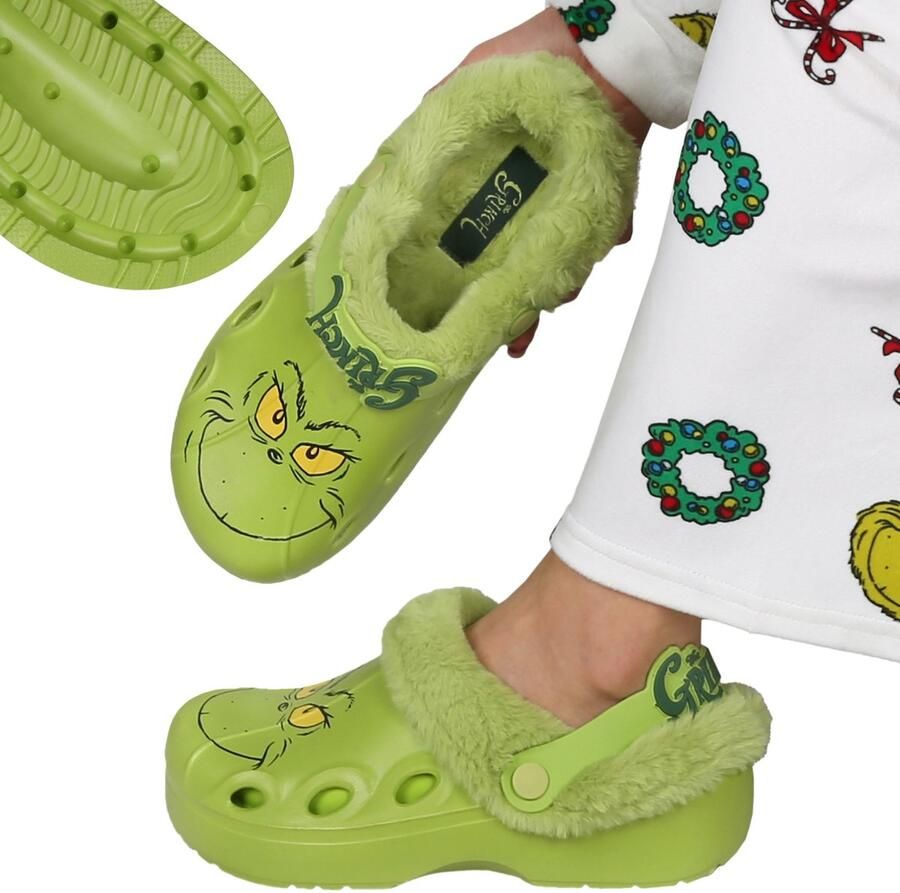 Sarcia.eu Grinch Groene slippers GEÏSOLEERD FEESTELIJKE klompen met bont voor volwassenen WARM voor de winter