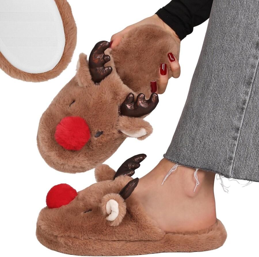 Sarcia.eu Rendier ANTI-SLIP dames pantoffels WARME ZACHTE BONTEN huisslippers kerstmis