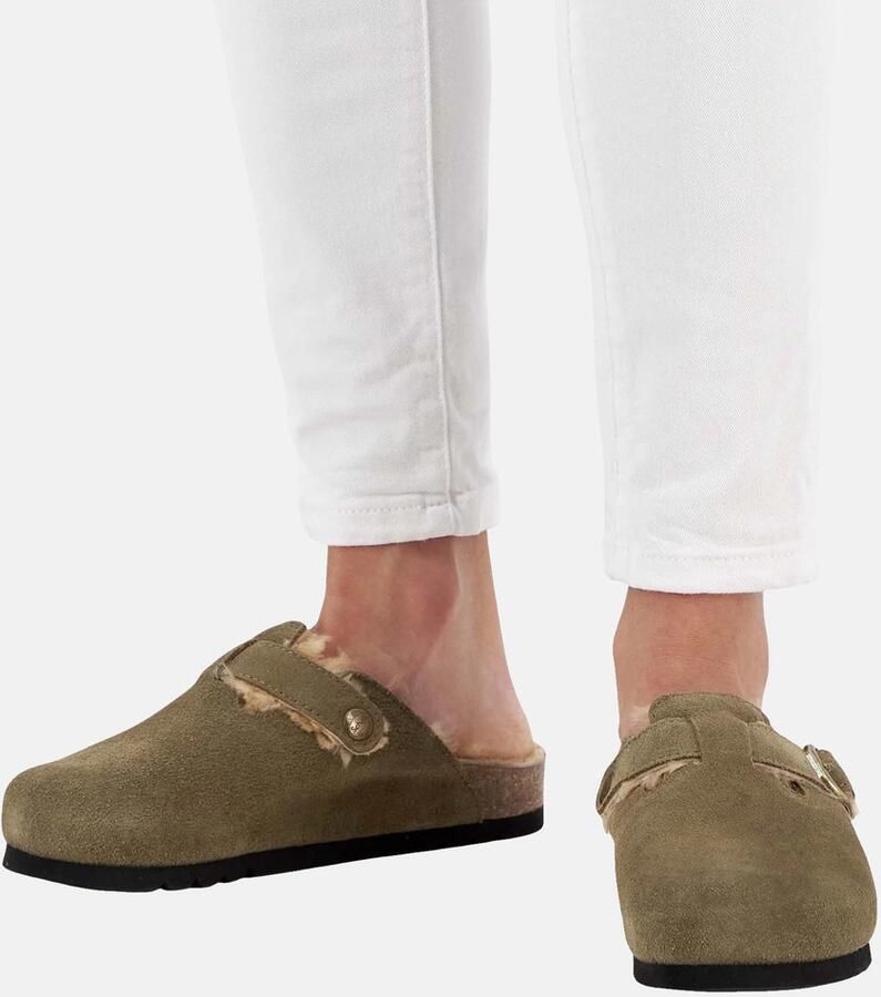 Scholl Footwear Scholl Fae New Fur Suede Khaki Clogs Dames