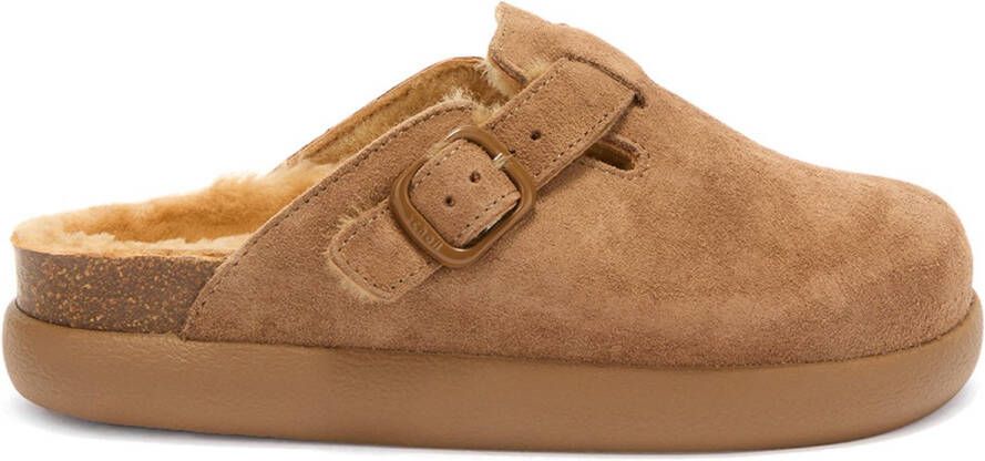 Scholl Klomp Fae Chunky Suede en Echt bont Vrouwen Taupe
