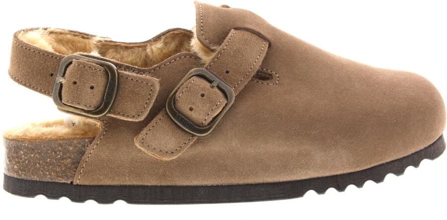 Scholl Fae Backstrap gevoerde suède clogs cognac