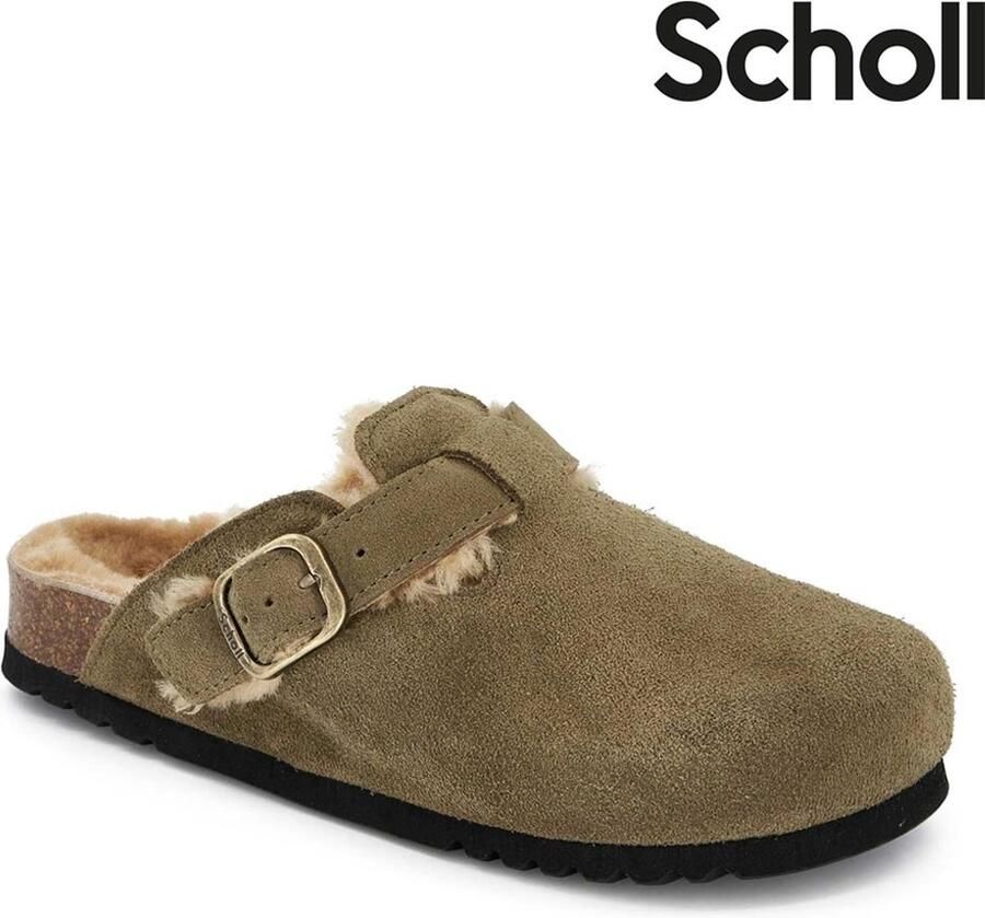 Scholl Fae New Fur Suede Khaki Clogs Dames