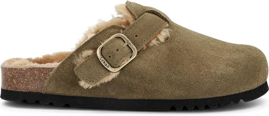 Scholl Fae New Fur Suede Khaki Clogs Dames