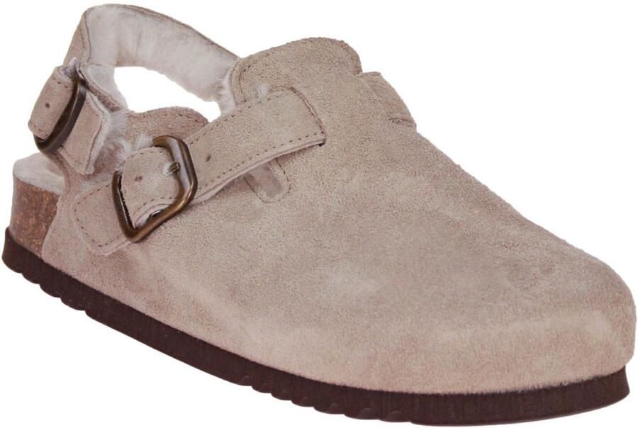 Scholl Klomp Women Fae Backstrap Suede Fur Dark Beige