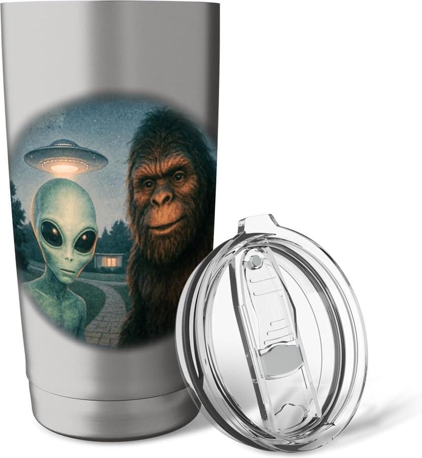Selfie met Bigfoot Alien en UFO vintage stijl mysterieuze kunst dubbelwandige thermobeker