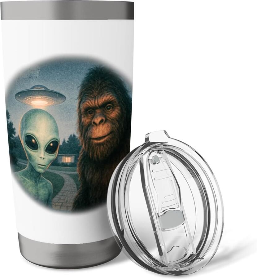 Selfie met Bigfoot Alien en UFO vintage stijl mysterieuze kunst dubbelwandige thermobeker