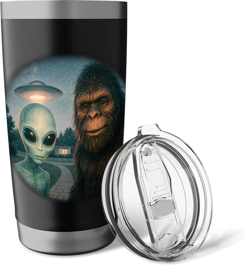 Selfie met Bigfoot Alien en UFO vintage stijl mysterieuze kunst dubbelwandige thermobeker