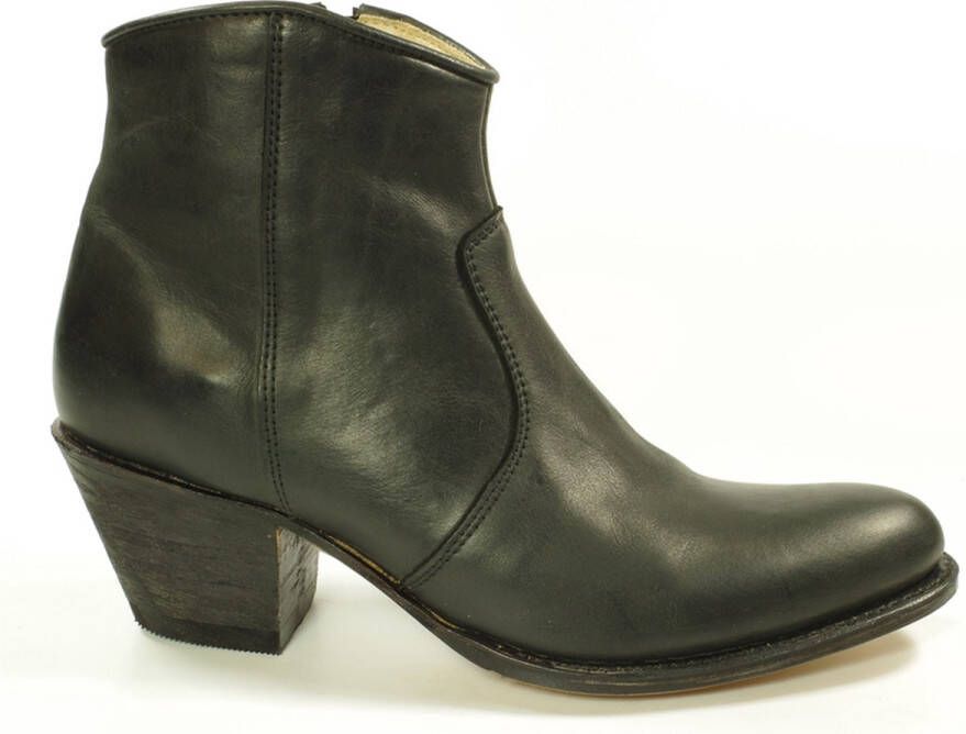 Sendra Boots 10393 Zwart Dames Enkellaars Debora Handgemaakt Ronde Neus Ritsluiting Schuine Hoge Hak Leren Zool Echt Leer