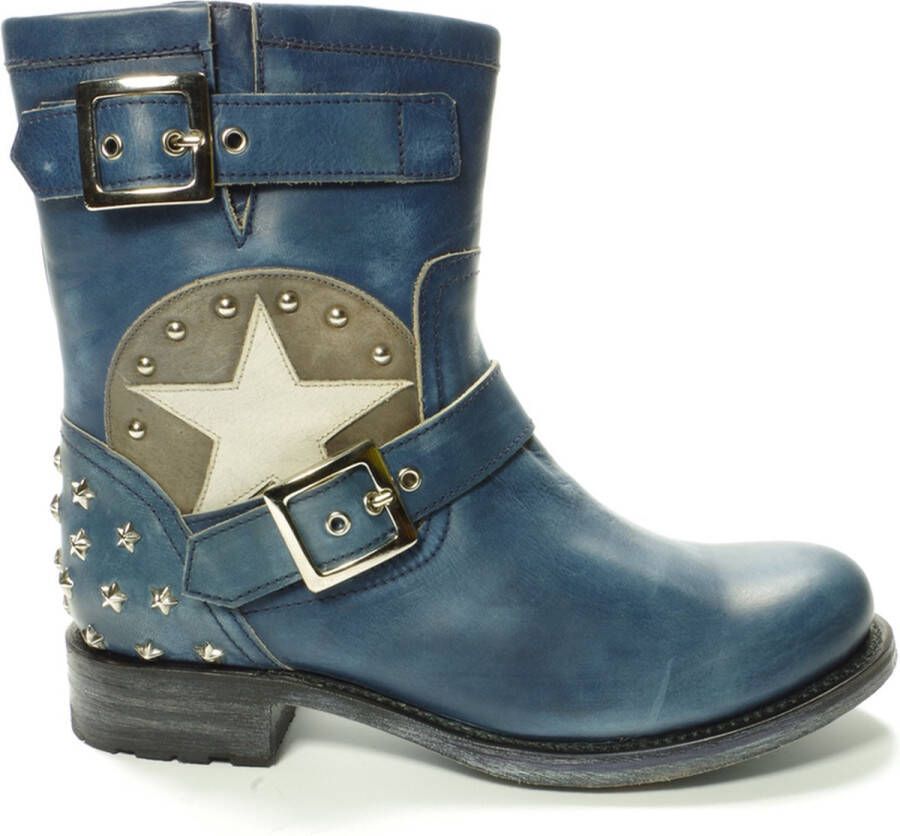 Sendra Boots 10796 Chiquita Blauw Handgemaakt Goodyear Welted Fasion Biker Boots Ronde Neus Platte Hak Studs Anti Slip Zool Echt Leer