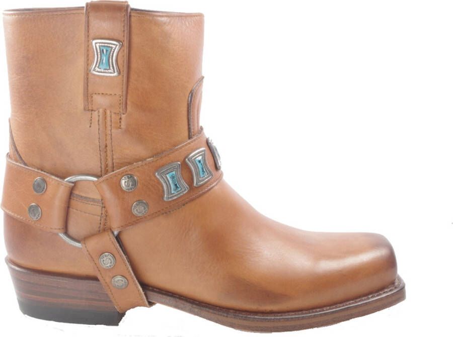 Sendra boots 10845 Cognac Handgemaakt Biker Western Ibiza Dames Enkel Laars Rechte Schacht Afneembaar Sierspoor Vierkante Neus Echt Leer