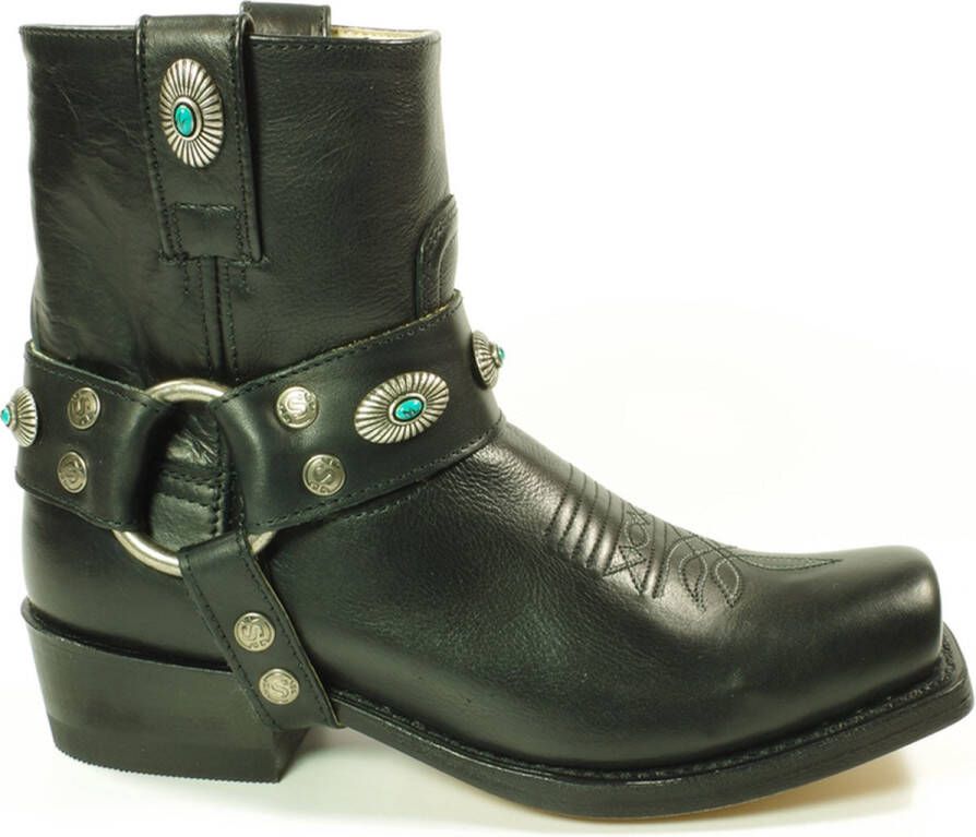 Sendra Boots 11070 Zwart Blues Dames Enkellaars Ibiza Gypsy Cowboy Western Vierkante Neus Platte Hak Rechte Schacht Afneembaar Spoor Turquoise Echt Leer