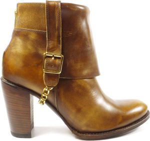 Sendra Boots 11408 Bruin Sarina Dames Enkelaars Ronde Neus Hoge Hak Ritssluiting Vaste Sierriem Omgeslagen Schacht Handgemaakt Echt Leer