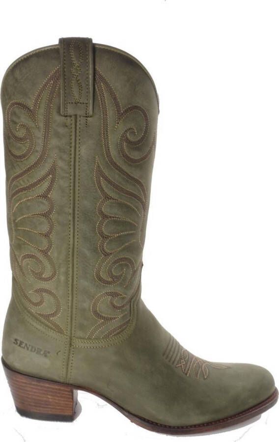 Sendra Boots 11627 Debora Military Green Handgemaakt Dames Ibiza Westernlaars Bewerkte Schacht Ronde Neus Beetje Schuine Hak Nubuck Leer