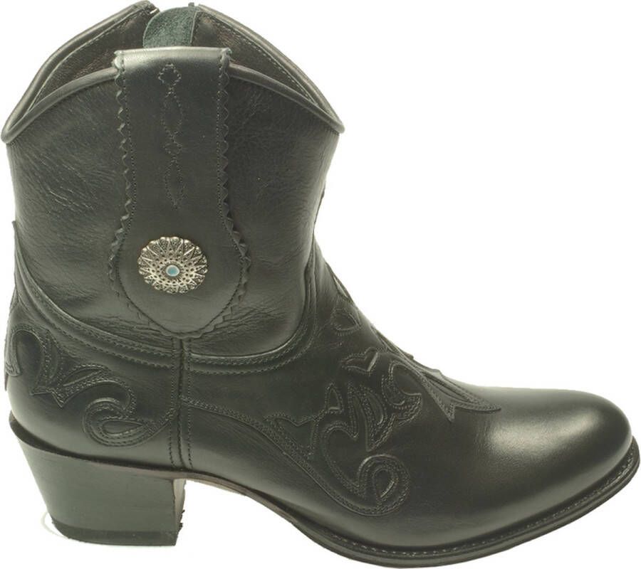 Sendra Boots 14399 Debora Zwart Handgemaakte Dames Cowboy Ibiza Enkelaars Ronde Neus Beetje Schuine Hak Ritssluiting Western Versiering Echt Leer