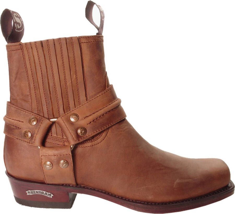 Sendra Boots 2746 Pete Bruin Handgemaakt Biker Western Enkellaars Vierkante Neus Platte Hak Sierspoor Elastiek in Schacht Goodyear Welted Echt Leer