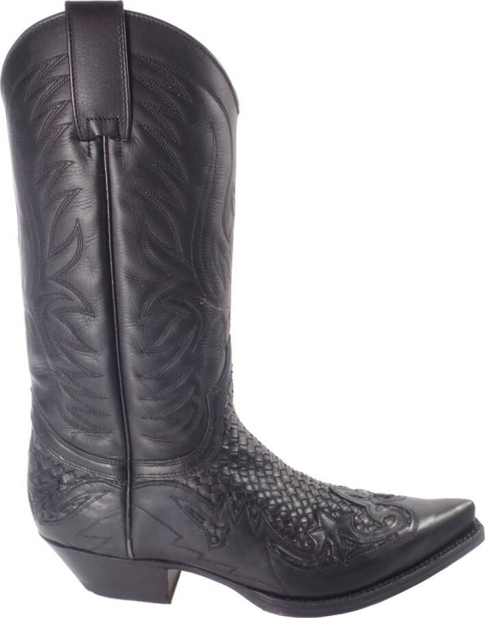 Sendra Boots 3241 Trenzado Cuervo West Zwart Handgemaakt Kuit Hoog Spitse Cowboy Laarzen Heren Schuine hak Gevlochten Wreef Echt Leer