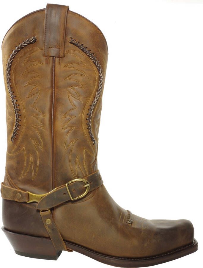 Sendra Boots 3434 Sam Bruin Dames Heren Biker Western Boots Unisex Vierkante Neus Beetje Schuine Hak Sier vlechtwerk Treklussen Echt Leer