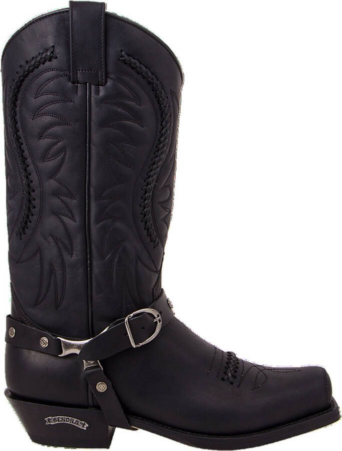 Sendra Boots 3434 Sam Zwart Handgemaakt Kuit Hoge Unisex Biker Western Laarzen Vierkante Neus Beetje Schuine Hak Siervlechtwerk Echt Leer