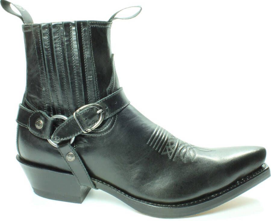 Sendra Boots 4674 Hilux Zwart Cowboy Western Korte Laarzen Heren Enkellaars Spitse Neus Beetje Schuine Hak Elastiek Sluiting Afneembaar Sierspoor Goodyear Welted Echt Leer