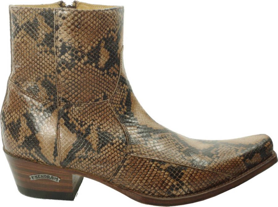 Sendra boots 5200 Mimo Bruin Handgemaakt Heren Cowboy Enkellaars Snakeskin Imitatie Spitse Neus Beetje Schuine Hak Ritssluiting Echt Leer