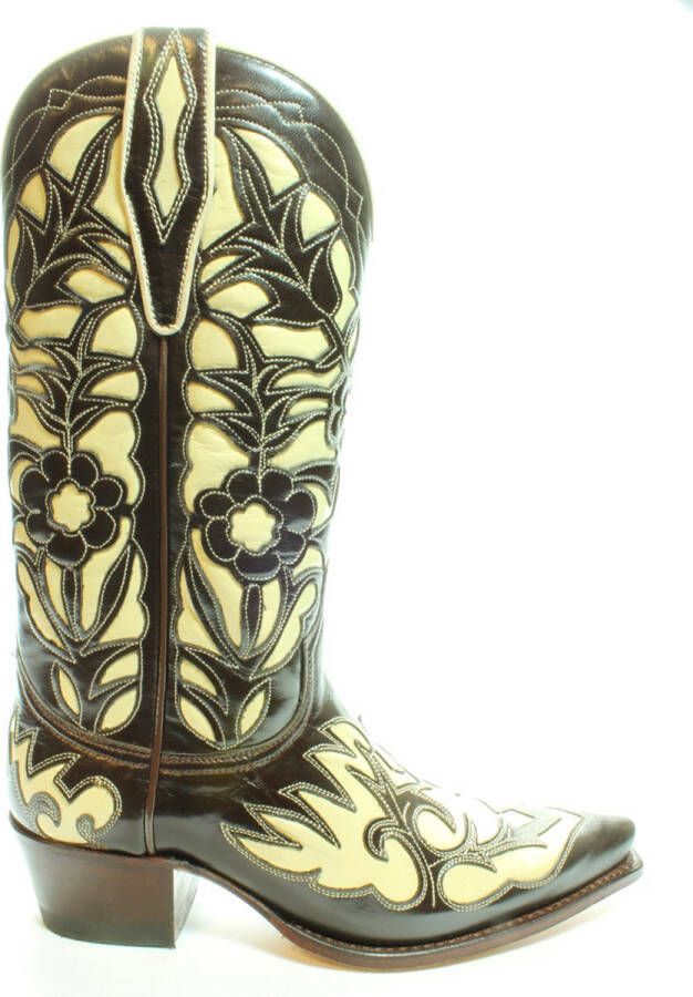 Sendra Boots 5529 Bruin Dames Western Bohemian Ibiza Laarzen Judi Spitse neus Rechte Hak Bloemmotief Treklussen Echt Leer