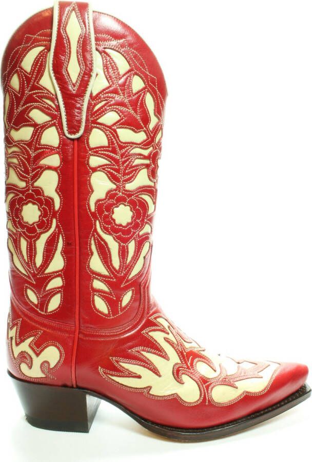 Sendra Boots 5529 Rood Dames Western Bohemian Ibiza Laarzen Judi Spitse neus Rechte Hak Bloemmotief Treklussen Echt Leer