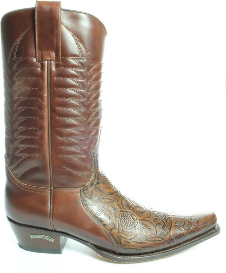 Sendra Boots 5907 Bruin Heren Cowboy Western Laarzen Handgemaakt Reliëf Bloemmotief Verkort Spitse Neus Iets Schuine Hak Rechte Schacht Pull Loops Echt Leer