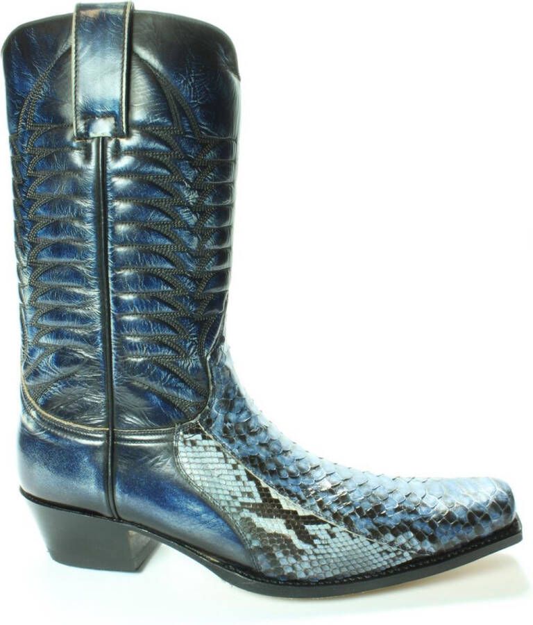 Sendra boots 5907 Mimo Blauw Heren Handgemaakt Cowboy Westernlaars Verkort Spitse Neus Iets Schuine Hak Rechte Schacht Treklussen Echt Leer