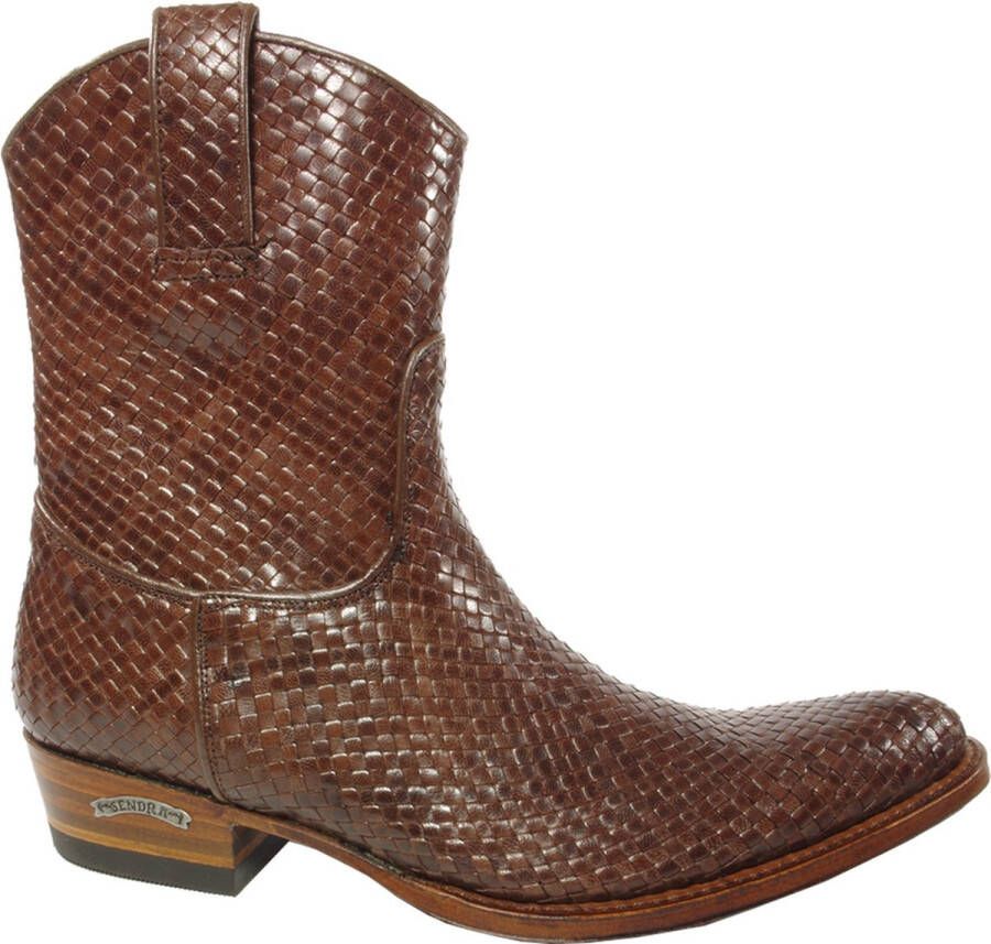 Sendra Boots 7370 Trenzado Bruin Heren Enkellaars Handgemaakt Cowboy Western Boots Gekleed Gevlochten Leren Ronde Neus Beetje Schuine Hak Rits Sluiting Echt Leer