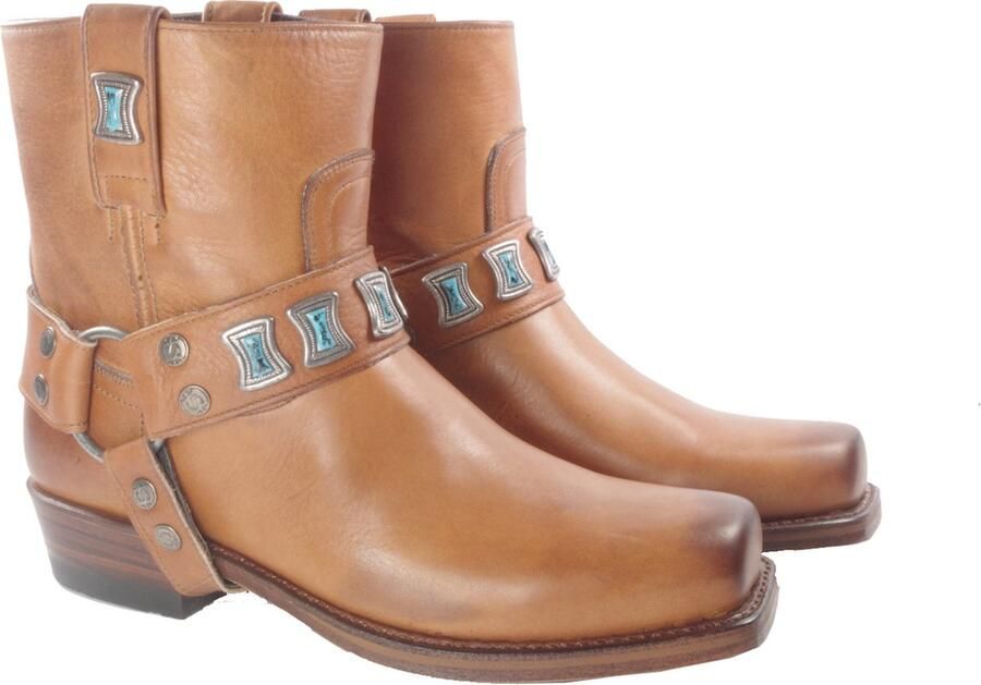 Sendra Boots 10845 Cognac Handgemaakt Biker Western Ibiza Dames Enkel Laars Rechte Schacht Afneembaar Sierspoor Vierkante Neus Echt Leer - Foto 5