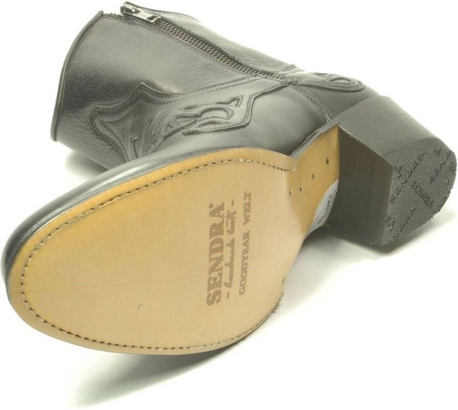 Sendra Boots 14399 Debora Zwart Handgemaakte Dames Cowboy Ibiza Enkelaars Ronde Neus Beetje Schuine Hak Ritssluiting Western Versiering Echt Leer