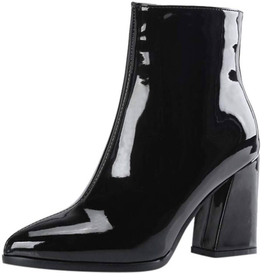 Senza Marchio oxsdMKQ Motorlaarzen Voor Vrouwen Uk Dames Zwarte Motorlaarzen Puntneus Lakleer Enkellaarzen Slip Op Blok Biker Laarzen Effen Kleur Business Werk Laarzen Smart Party Schoenen Booties Zwart
