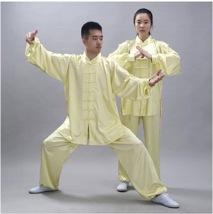 Senza Marchio Tai Chi Uniform vechtsporten Kung Fu uniform zacht puur gekleurd Chinese traditionele kleding Tai Chi Kung Fu pak unifor Wushu Top+broek Sets Trainingskostuums (kleur: geel maat: B (