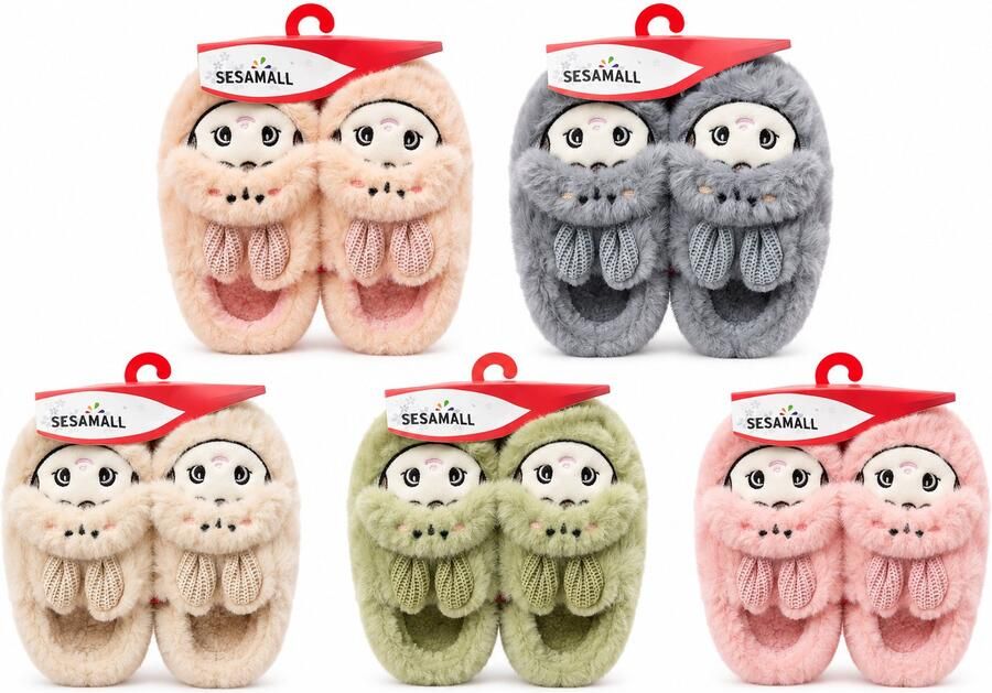 SESAMALL Kinderpantoffels Pluche met Schattig Cartoon Gezicht Roze Beige