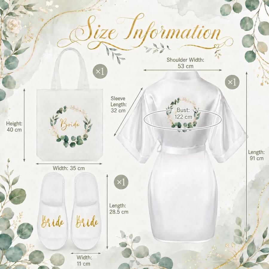 Set van 3 Bruidsgeschenken voor Vrijgezellenfeest met Witte Satijnen Robe Eucalyptus Patroon Slippers en Bruidszak Perfect voor Trouwaanvraag en Spa Dag