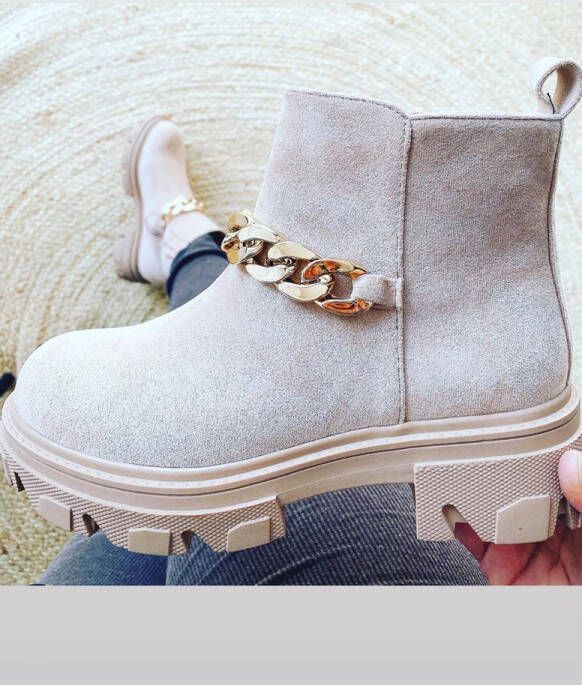 Shoekueen Dames Beige Enkellaarzen Suede Schakelketting
